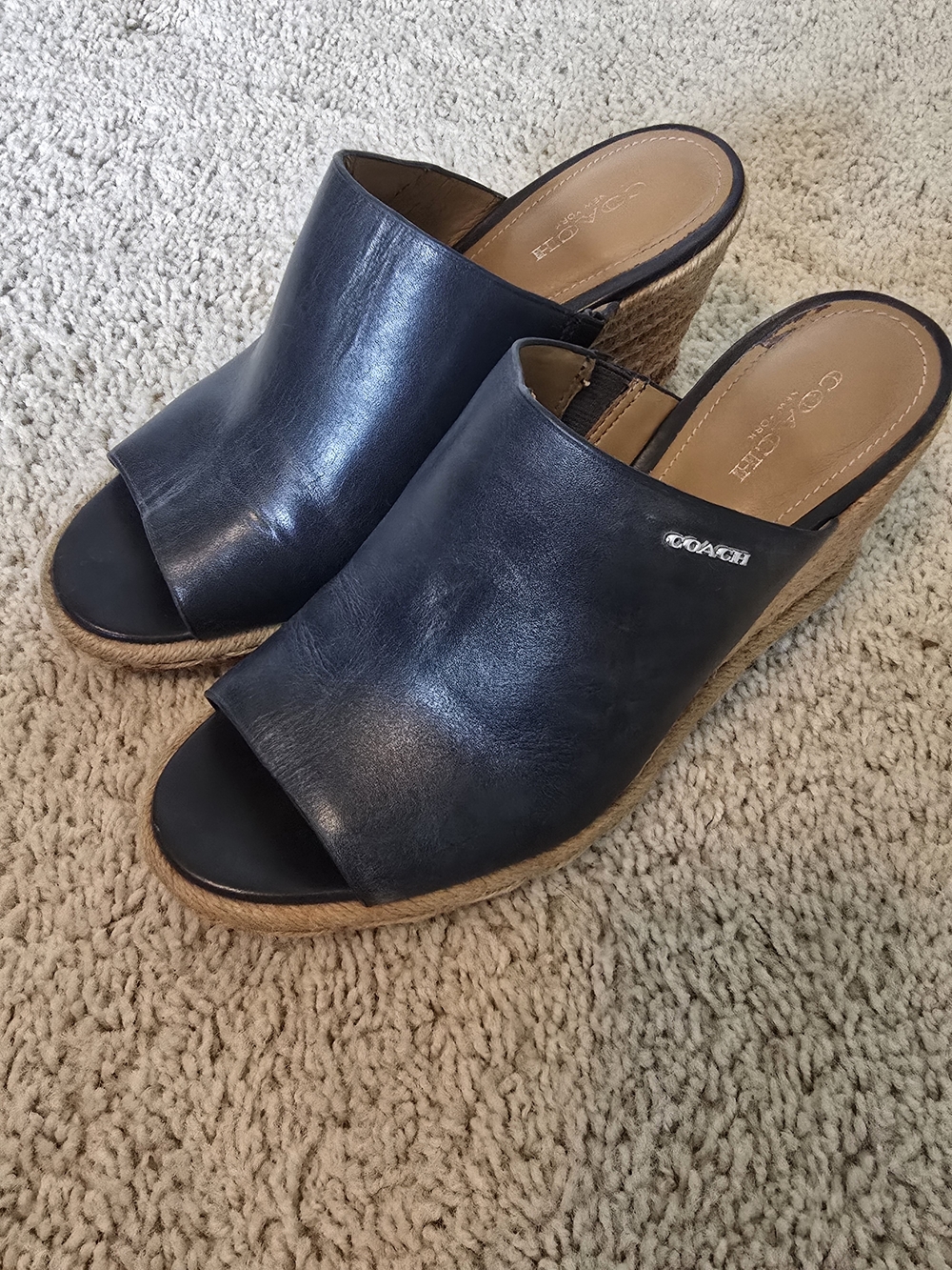 COACH Navy Leather Wedge Slide Sandals